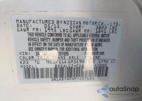 2015 Nissan Sentra S z USA, uszkodzony, nr VIN 3N1AB7AP4FY287685